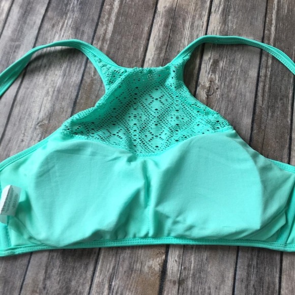 New Crochet Lace Bikini Swimsuit Top‎ Jr Women L Island Soul Swim High Neck Aqua - Picture 3 of 5